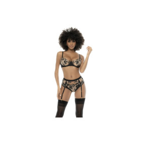 Ensemble 3 pièces noir et chair Kyra, avec dentelle brodée, soutien gorge à armatures, porte jarretelle et culotte 